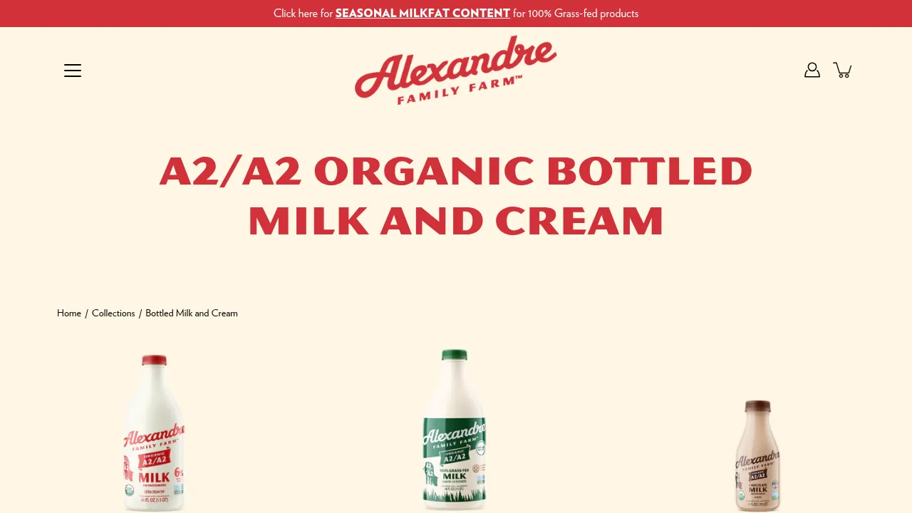 A2/A2 Organic Bottled Milk and Cream