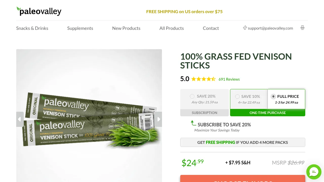 Paleovalley 100% Grass Fed Venison Sticks