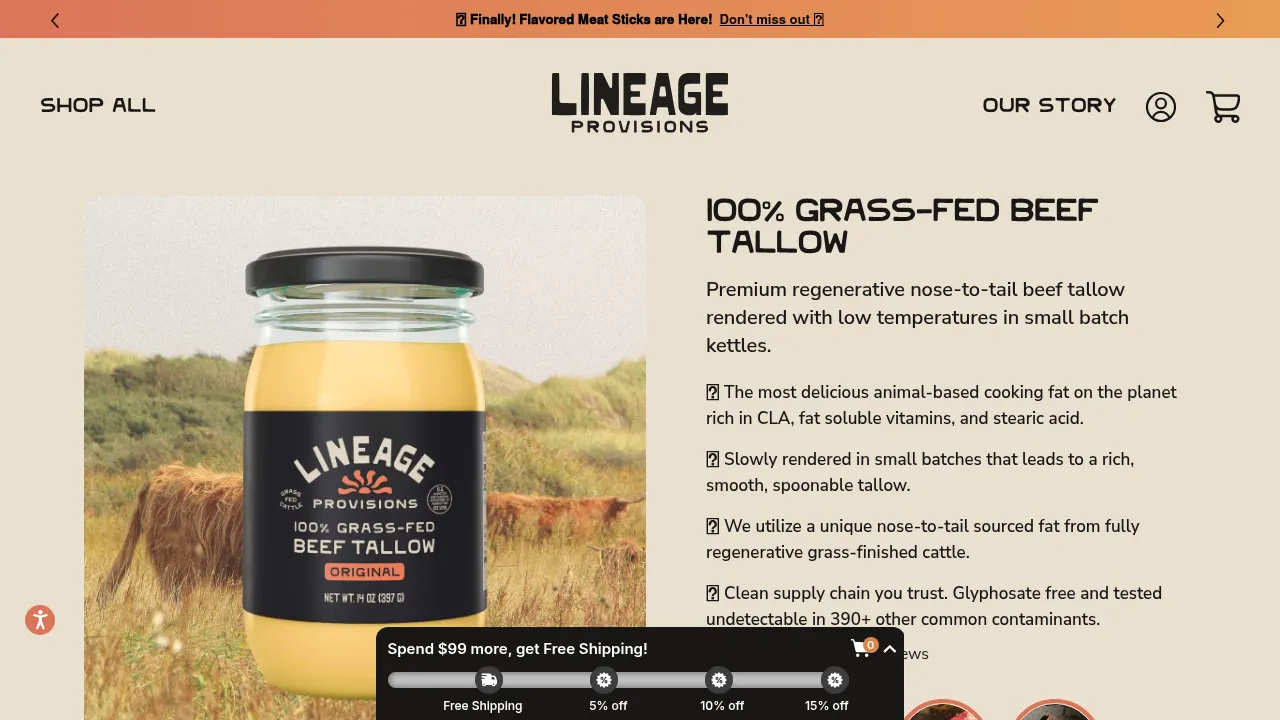 100% Grass-Fed Beef Tallow - Lineage Provisions